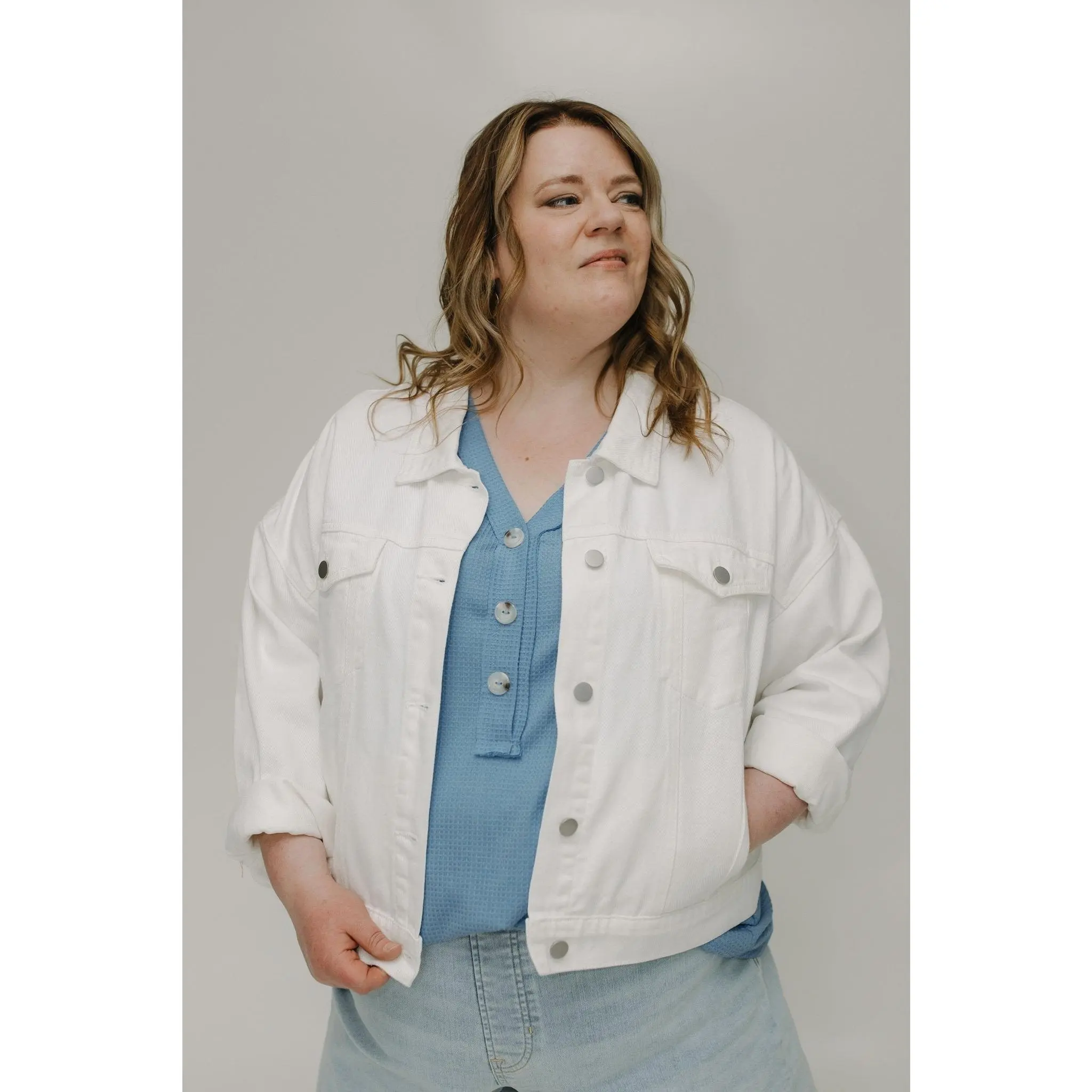 Women's Plus Size Ecru Baggy Denim Casual Jacket - Curve-Friendly Oversized Cropped Top, 100% Cotton, Patch Pockets, Silver Buttons, Slit Detail, Button Closure, Cold Wash, 2X-4X Sizes, All-Season Wear, Baggy Denim Women's Casual Jackets