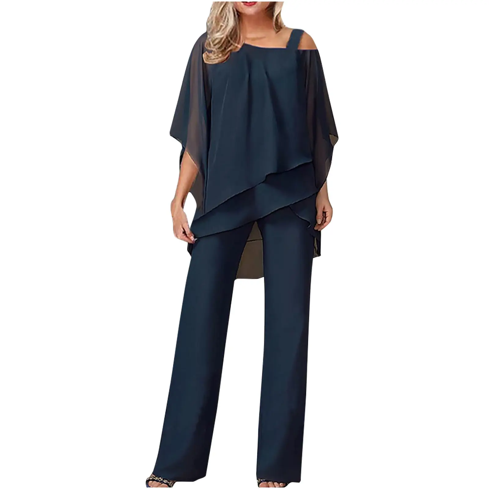 2025 women's summer plus size women's casual fashion solid color loose bat sleeve irregular two piece flowing suit Womenswear Clothes