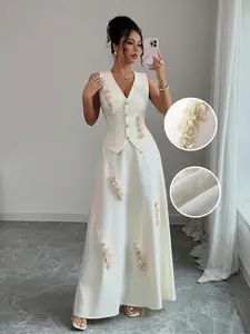 Women's Sleeveless Skirt Set with Vest Top and Long A-Line Skirt, Embroidered Floral Design, Casual Fashion for All Seasons