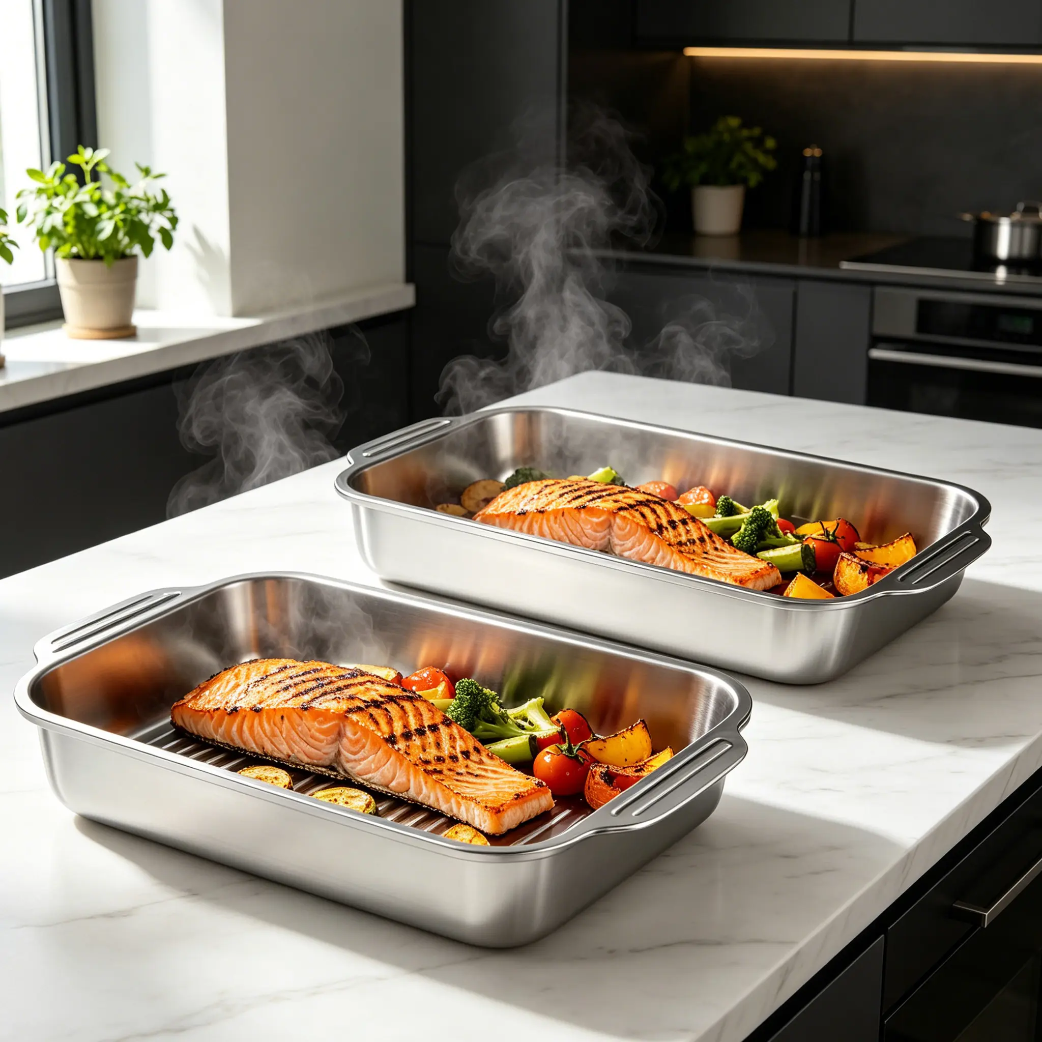 2-Pack Stainless Steel Deep Baking Pans with Lids & Handles – 6QT Large Capacity Roasting Trays, 16.14-Inch Lasagna/Fish/Chicken Roaster, Dishwasher Safe, Oven-Ready Set of 2
