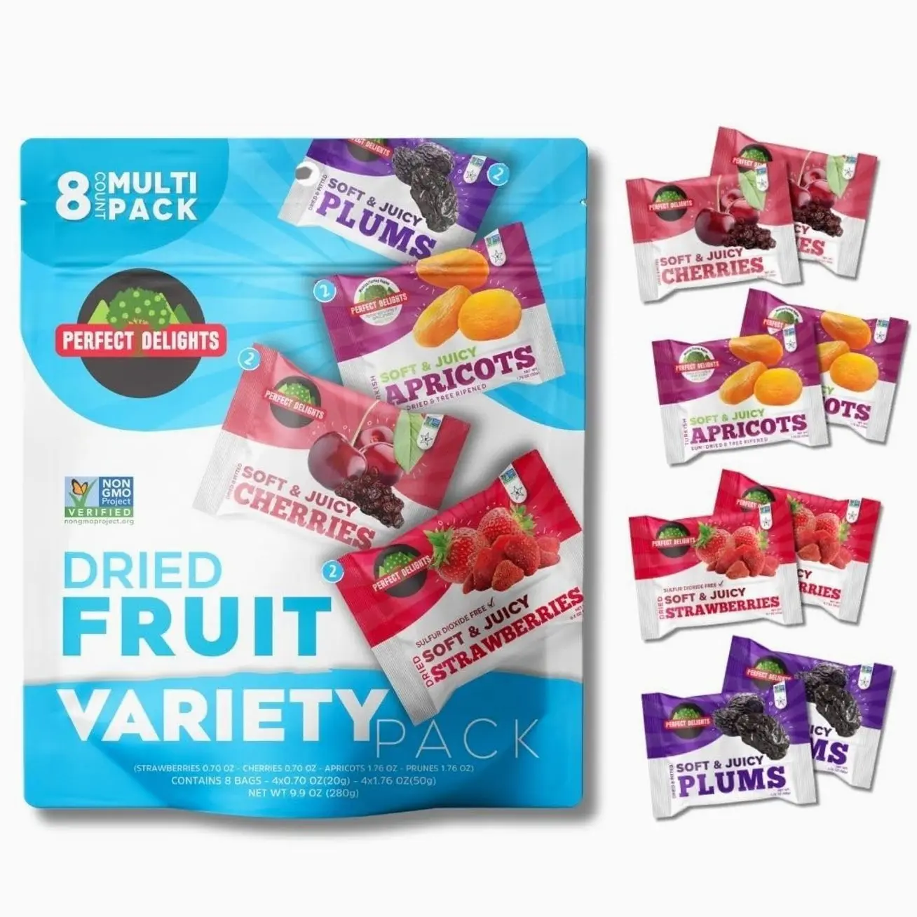 Perfect Delights Multipack Sun-Dried Fruits, Vegan, Healthy Snack Packs, Dried Fruits On-the-Go, Variety Fruit Pack For Kids & Adults, Apricots, Plums, Sour Cherries, Strawberries (8 Pack/ 2 of Each)