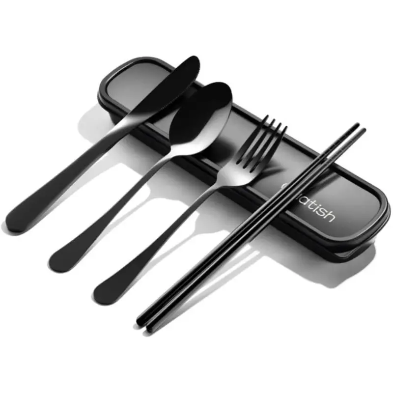 Travel Utensils with Case, Quatish Portable Silverware Set for Work, Stainless Steel Reusable Travel Cutlery Set, Fork and Spoon Set for Picnic, Camping, Gadgets, Lunch Box for Men, Black Stylish Tableware