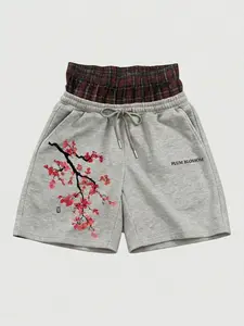 "Plum Blossom" Graphic Double-Waist Shorts | Unisex Plaid Waist Streetwear Sweat Shorts | Elastic Drawstring Loose Fit Casual Bottoms for Daily Wear, Street Style, Summer Outings & Relaxation, Trendy Japanese-Inspired Fashion for Men & Women