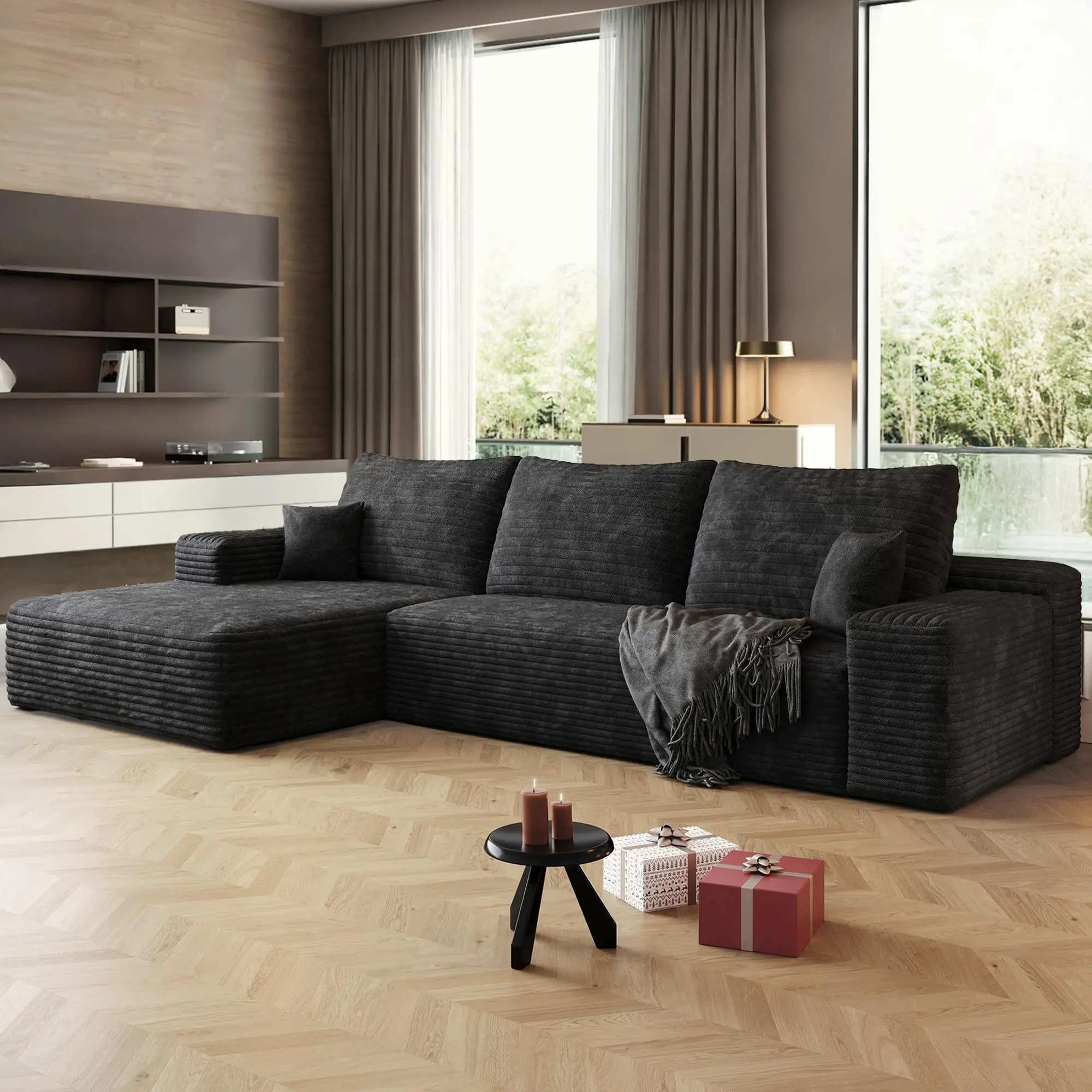 108-Inch L-Shaped Modular Sectional Sofa with Chaise, Soft Corduroy Couch, Moderate Deep Seat, No Assembly Required, Shipped in 2 Separate Packages for Living Room Decor