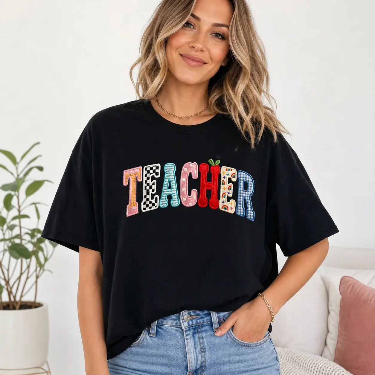 Teacher Shirt TEACHER Patchwork Letter T-Shirt for Teachers Back to School Classroom Gift Tee Cute Embroidered Look Teacher Appreciation Style