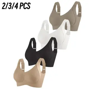 EssElegance 2/3/4 Counts Women's Solid Wireless Bra, Comfortable Breathable Push Up Bra, Softness Lightweight Lingerie for All Seasons, Womenswear Lingerie for All Seasons, girl,Soft Comfortable Breathable Ribbed Push Up Seamless Bra, gift