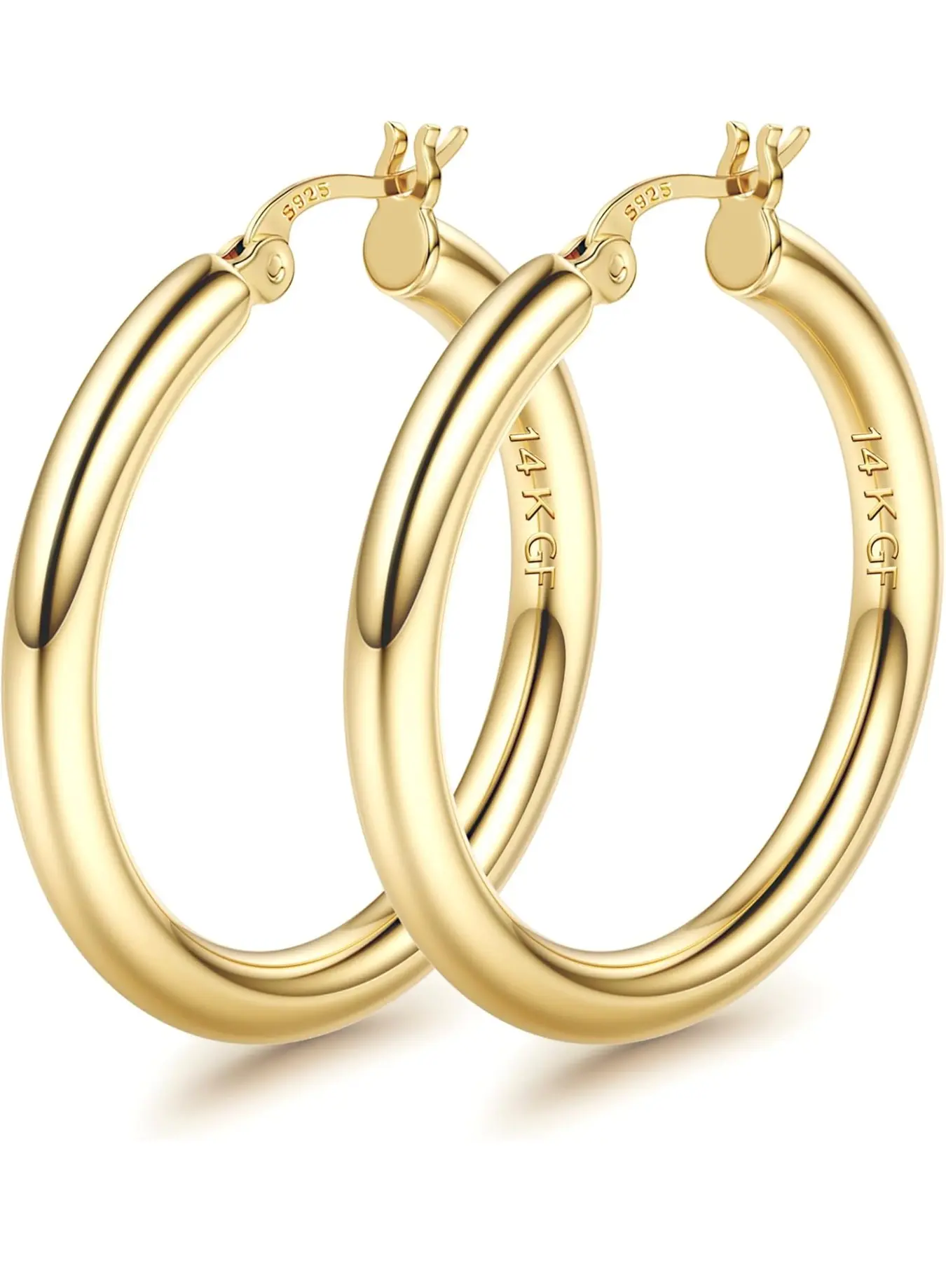 14K Gold Plated Chunky Hoop Shape Earrings for Women With 925 Sterling Silver Post Hollow Tube Hoops Earrings 4mm Thick Hoop Earrings Hypoallergenic Lightweight Large Hoop Earrings 25/30/40/50/60/70MM