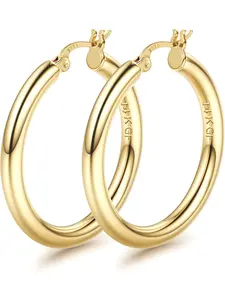 14K Gold Plated Chunky Hoop Shape Earrings for Women With 925 Sterling Silver Post Hollow Tube Hoops Earrings 4mm Thick Hoop Earrings Hypoallergenic Lightweight Large Hoop Earrings 25/30/40/50/60/70MM