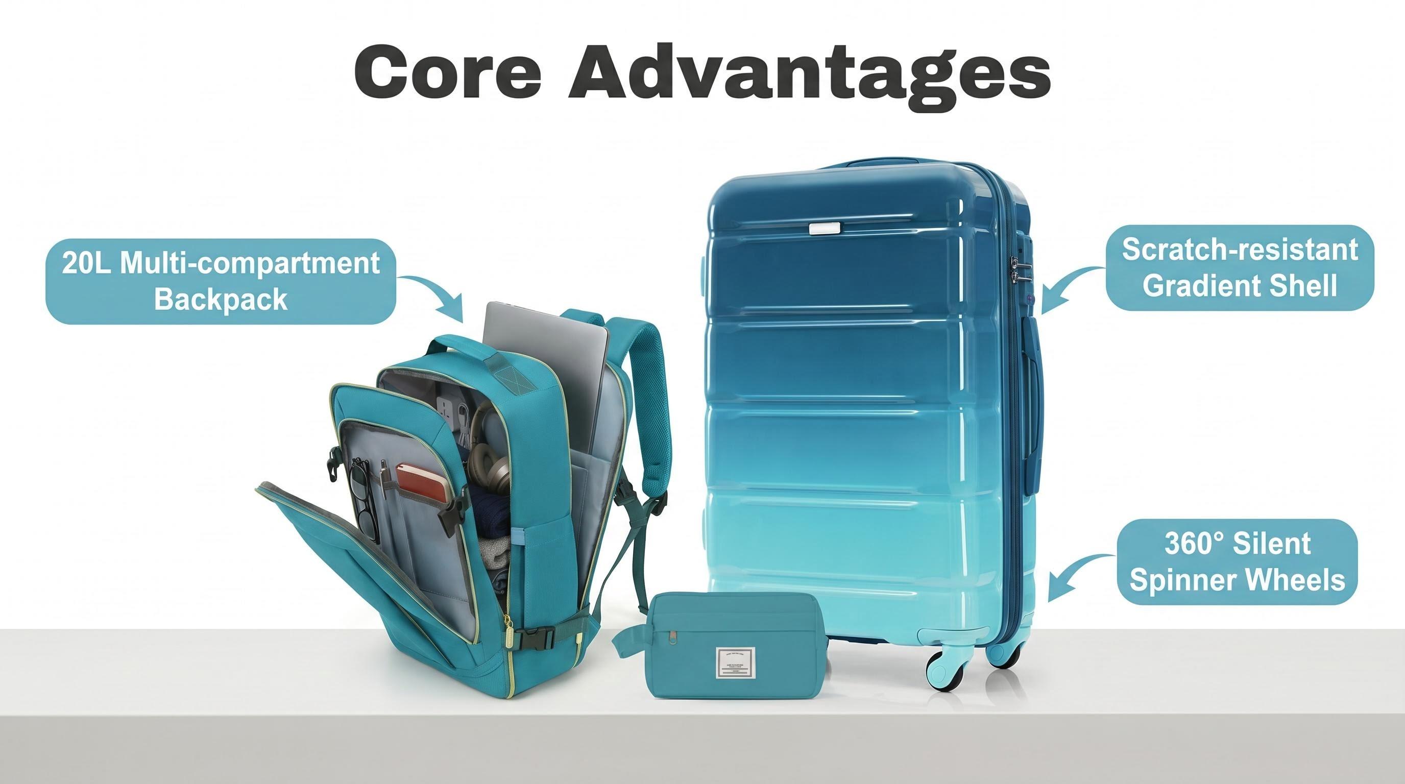 Light Blue Full Hard Shell Luggage Sets - 3-Piece Matched Travel Kit with 20/24/28In 4-Wheeled Carry-On/Checked Baggage, Stylish Gradient Suitcase, Travel Bag, Wash Bag & TSA Lock, Waterproof, International Travel