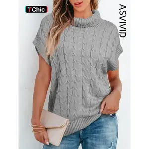 Women's Plain Cable Knit High Neck Sweater Vest, Casual Sleeveless Jumper Vest for Daily Wear, Ladies Knitwear for All Seasons