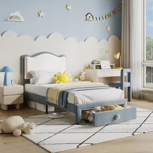 Velvet Fabric Kids Toddler Platform Bed Frame with Curved Silhouette, Rounded Edges, Headboard, Storage Drawers, Noise-Free Wooden Slat Support, Quick Setup, No Box Spring Needed, Blue and White
