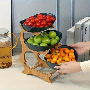 Wooden 3-Tier Fruit and Vegetable Basket with Wooden Legs - Versatile Kitchen Organizer for Fruits, Vegetables, and Iced Food - Perfect for Refrigerator Storage, Fruit Basket for Kitchen