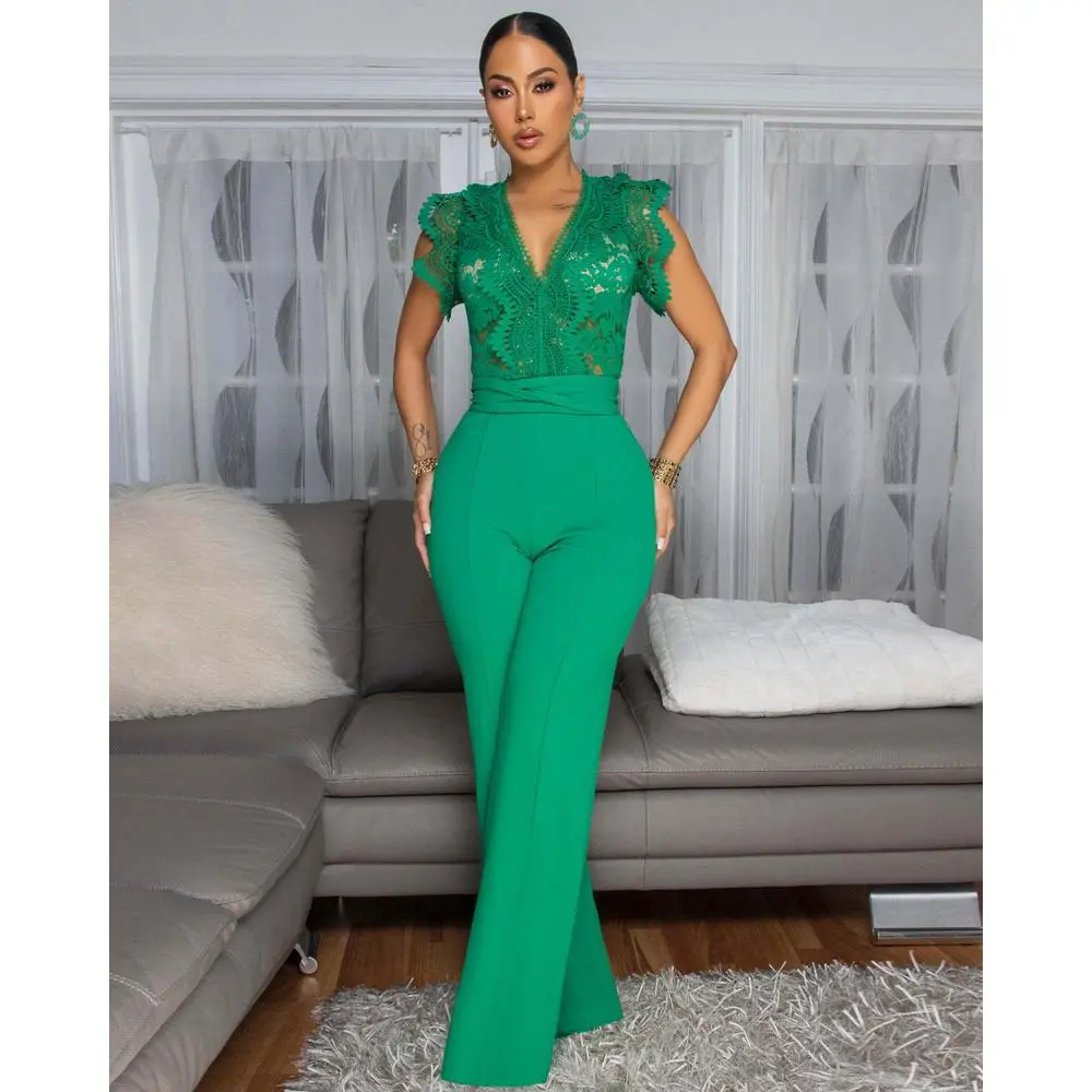 Women Outfits Elegant Luxury One Piece V Neck Romper Bandage High Waist See-Through Lace Patchwork Sleeveless Jumpsuits