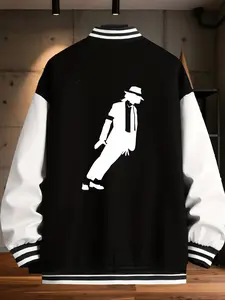 Men's Casual Sports Jacket, Mild Stretch Regular Fit, Baseball Collar, Michael Jackson Cartoon Print, Button Closure, All Seasons