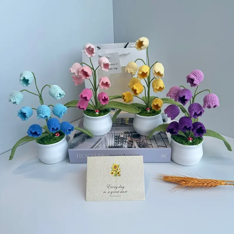 Handmade Crochet Bellflower Potted Plant  Eternal No-Fade Flower W/ LED Lights Gift Box Card Desk Decor Gi fake potted flower, desk decor gift, handmade crochet gift, birthday gift for her, office table ornament, housewarming floral gift