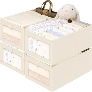 Linen Closet Storage Cabinet Set of 2, Fabric Bins Drawers, Foldable Linen Basket with Mesh Window, Organize Clothes Towels Toys Books