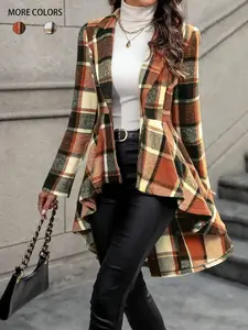 LIA Women's Plaid Print Button High Low Hem Jacket Casual Long Sleeve Lapel Neck Open Front Outerwear for Fall Winter Layering Y2K Trench Coats