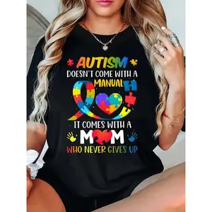 Autism Awareness Black Cotton Round Neck Short Sleeve Printed T-Shirt, 180g Women's Tee, "Autism Doesn't Come With a Manual It Comes With a Mom Who Never Gives Up" Colorful Puzzle Design Shirt