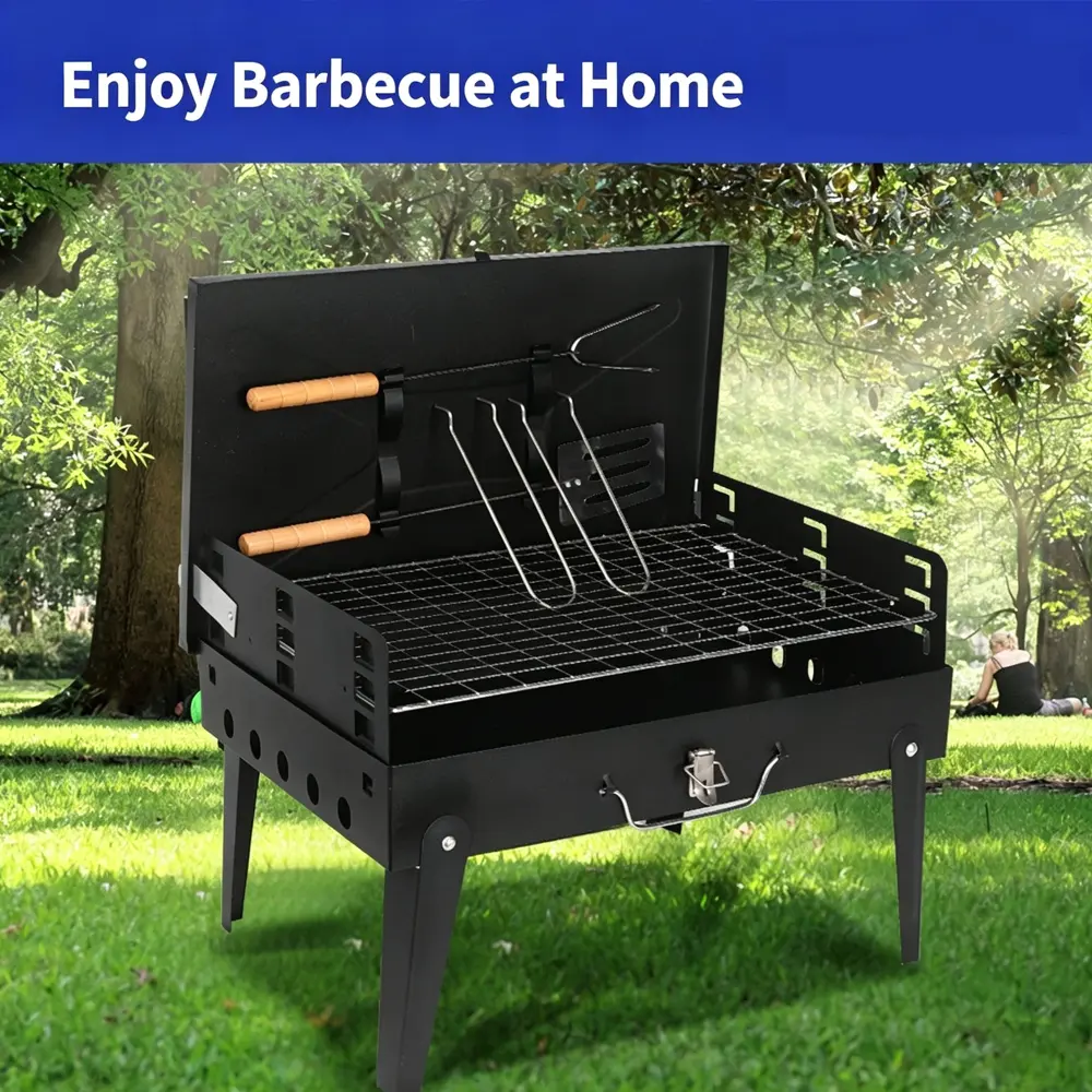 Portable Outdoor BBQ Grill - Foldable Steel All-in-1 Kit with Sturdy Legs, Pull-Out Ash Tray, Spatula, Fork, Lightweight Camping Gear for Outdoor Cooking, Campfire BBQ Party