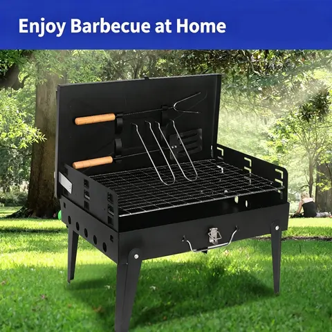 Portable Outdoor Barbecue Grill - Foldable Steel Complete All-in-1 Camping Kitchenware Kit with Sturdy Legs, Pullout Ash Tray, Spatula, Fork, Easy to Clean, Even Heat Distribution, Lightweight Gear for Camping, Road Trips