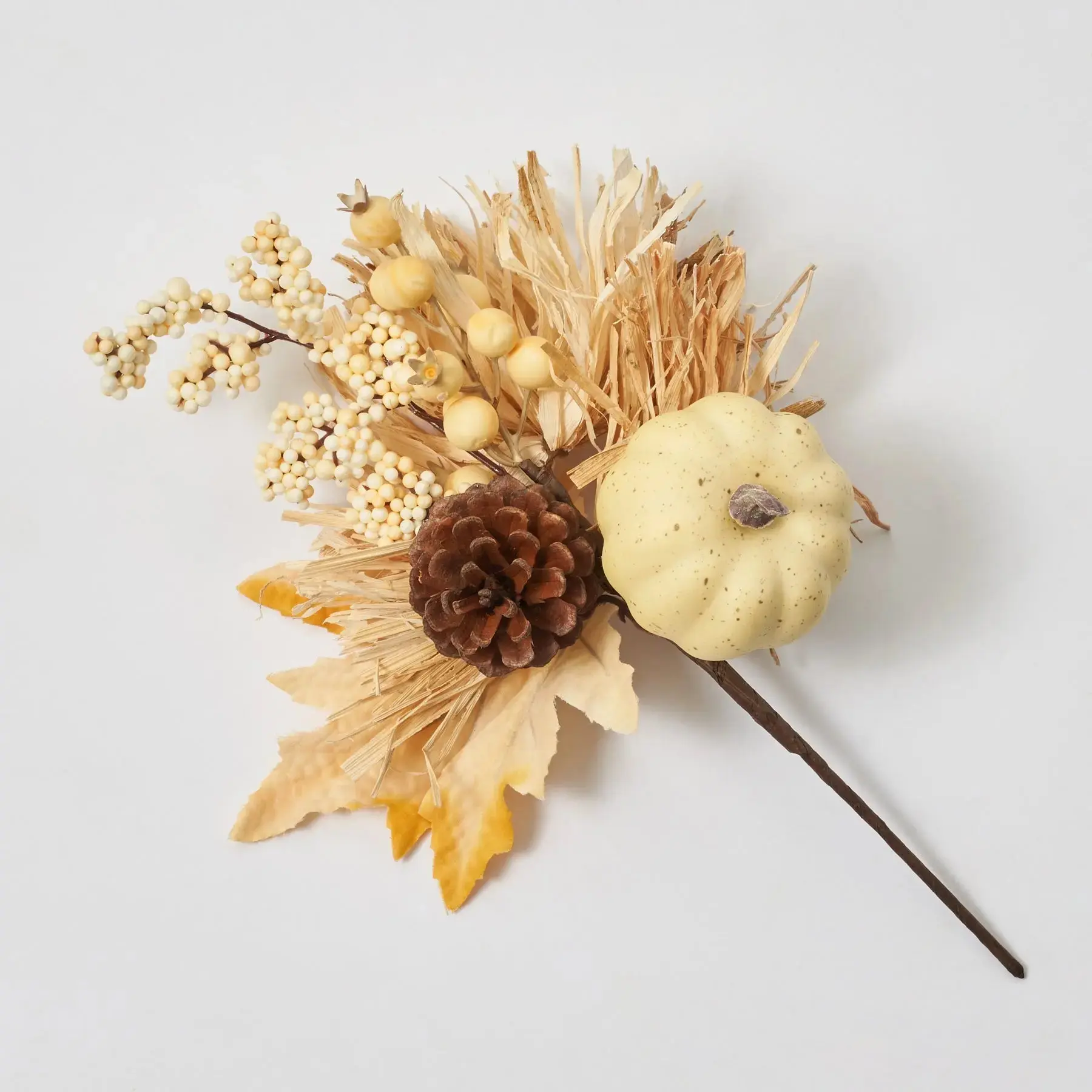 Dried Look Bleached Wheat Straw with Faux Pumpkin, Pinecone & Berry Fall Pick - 13", Decorative Flowers, Fake Silk Flowers