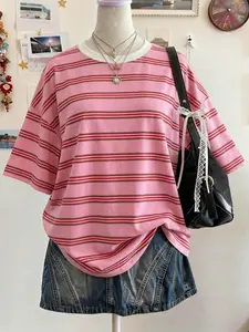 Elegant Retro Striped Women's T-Shirt, Casual Mid-Length Loose Top, Multiple Colors, Perfect for Daily Wear & College Style, Soft Material