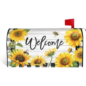 Summer Sunflowers Mailbox Cover Magnetic Welcome Floral Checkered Wraps Post Letter Box Cover for Garden Yard Home Decor Standard Size 21" x 18"