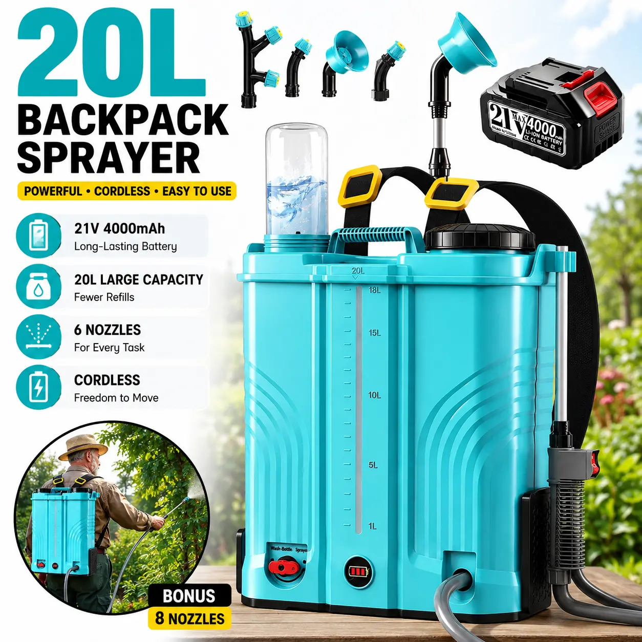5-Gallon Electric Backpack Garden Sprayer, 100 PSI Battery-Powered Tool with 4.0Ah Battery, 6 Nozzles, Adjustable Pressure