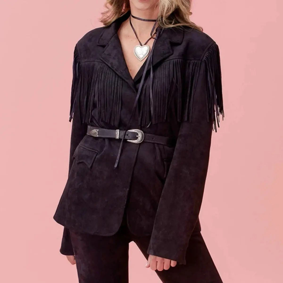 Lander Jacket Fringe Blazer Black Suede Fabric
