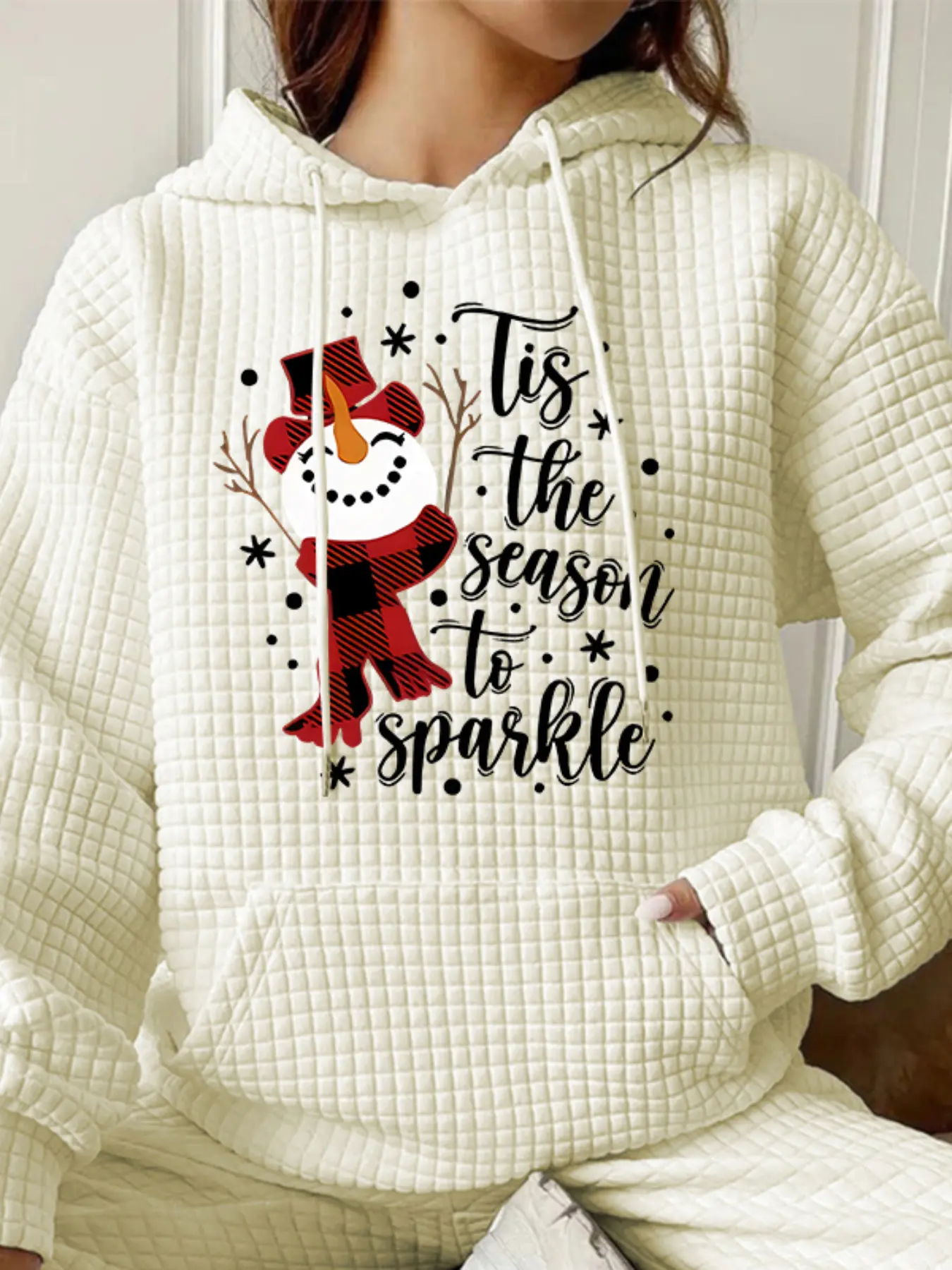 Women's Trendy Fashion Hooded Sweatshirt, Snowman Print Long Sleeve Pullover, Fall & Winter Casual Top