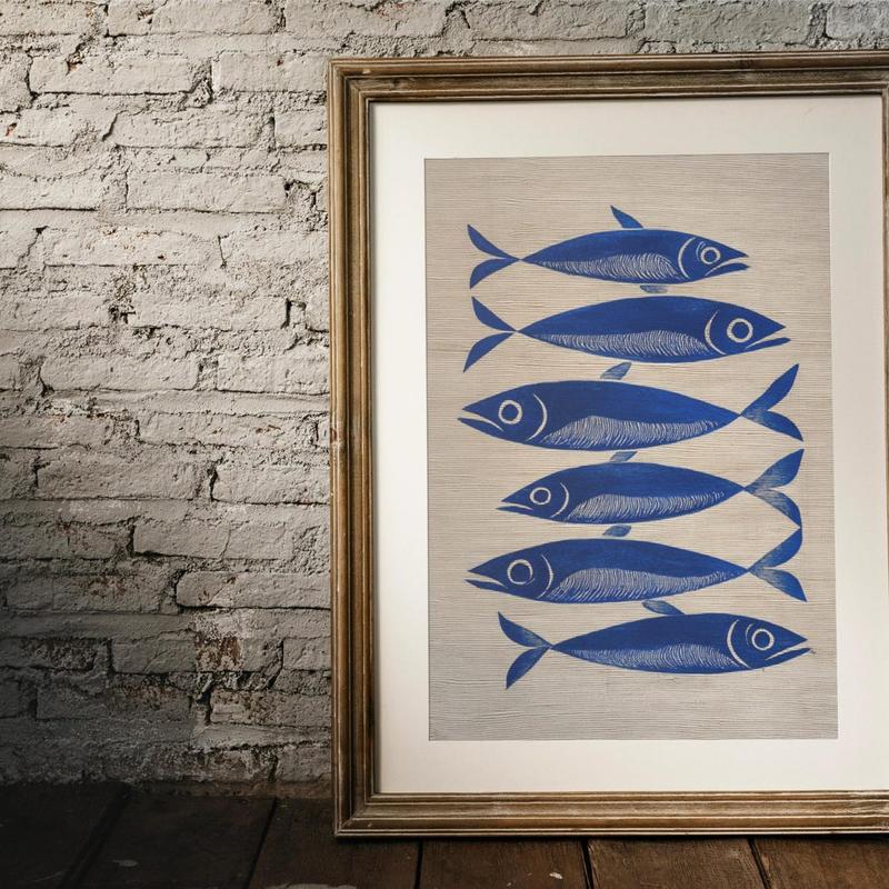 Blue Ink Sardine Striped Painting Wall Art Print, Stripes Trendy Aesthetic Kitchen Art, Sardine Kitchen Art, Antique Fish Art Printable, Unframe