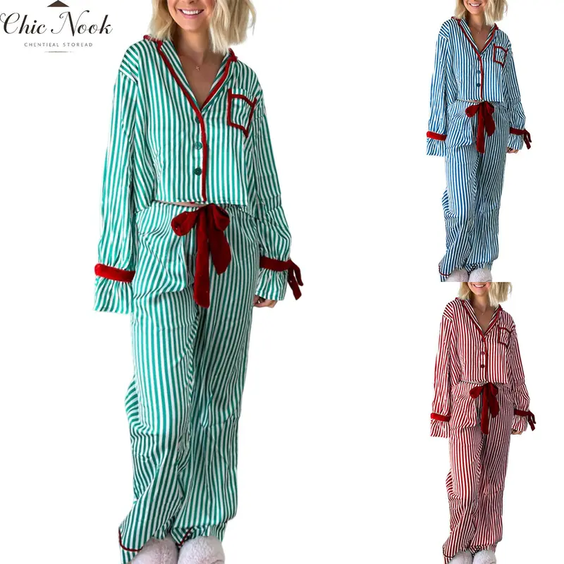 Women‘s Striped Pajama Set Long Sleeve Button-up Crop Tops Bow Long Pants 2 Piece Sleepwear Outfit