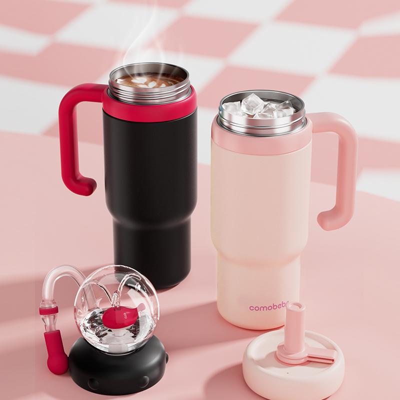 【COMOBEBE】24oz Stainless Steel Whale Fountain Tumbler – Spill-Proof, Dual Lids, Durable Handle, Dishwasher Safe, Cute and Fun for Kids & Adults