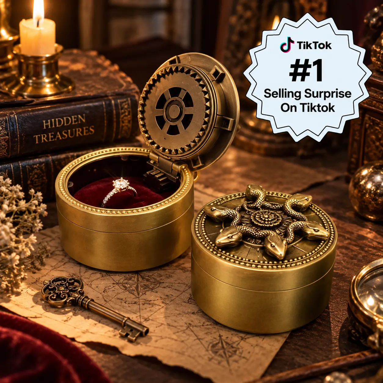 Vintage 5-Serpent Alloy Jewelry Box with Mechanical Lock, Round Ring Storage Box, Fantasy Shelf Decor, Halloween & Christmas Gift, 7.48 cm Diameter × 4.88 cm Height