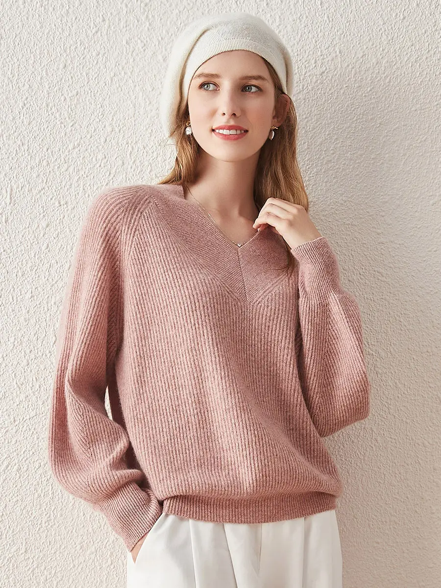 COMOBOCA Women's 100% Cashmere Knitting Top - V-Neck, Long Drop Shoulder Lantern Sleeves, Hand Wash, Airy, Figure-Flattering Cozy Winter Knitwear, Lady, Soft Yarn Women's Pullovers, Stylish Women's Pullovers