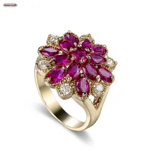 Women's Gold-Plated Floral Statement Ring - Red Stone, Sparkly Zircon Flower Design, Elegant Vintage Costume Jewelry for Party, Wedding Wear, Gold Rings, Cluster Rings