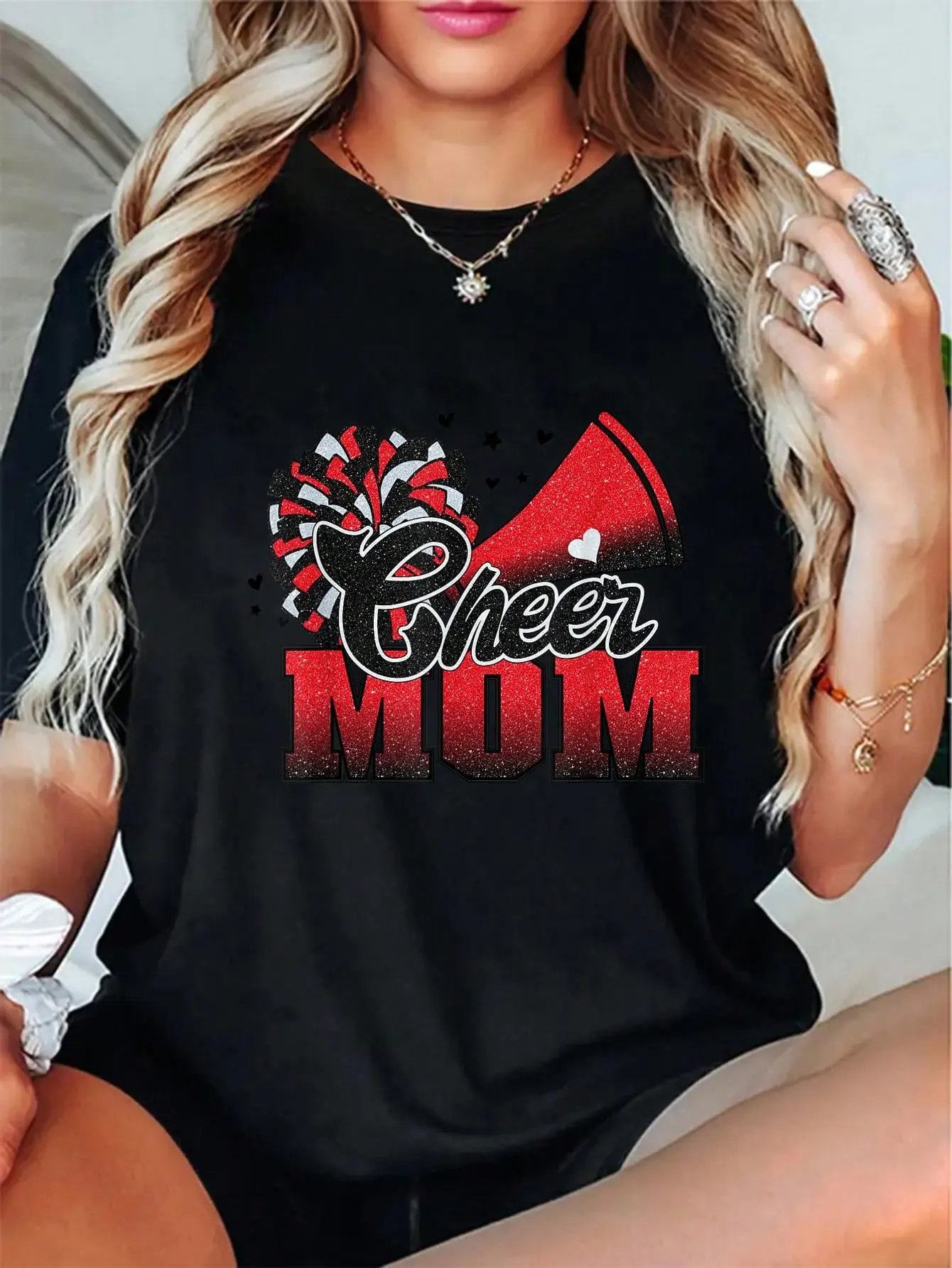 Women's 100% Cotton Football Cheer Mom Graphic T-Shirt, Casual Everyday Lady Streetwear with Red-Black Pom-Leopard Print, Top, Tshirt, Round Neck, Vintage
