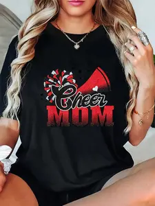 100% Cotton Football Cheer Mom Red Black Pom Leopard T-Shirt