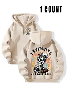 Beige Oversized Skeleton Graphic Half-Zip, Long Sleeve Hoodie - "Expensive Difficult And Talks Back" Slogan Vintage Floral Streetwear Sweatshirt, Casual Loose Sweatshirt, Soft Fabric for Daily Casual Wear, Street Style Showcases