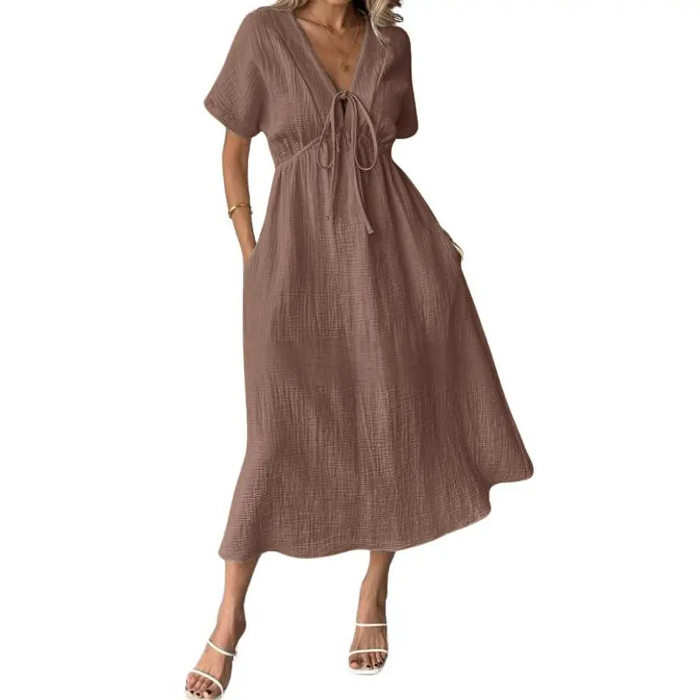 Chouyatou Women's Lightweight Summer Cotton Dress V-Neck Bohemian Casual Loose Short Sleeve Drawstring Beach Dress with Pockets - TikTok Shop Chouyatou Women's Lightweight Summer Cotton Dress V-Neck Bohemian Casual Loose Short Sleeve Drawstring Beach Dress with Pockets - TikTok Shop
