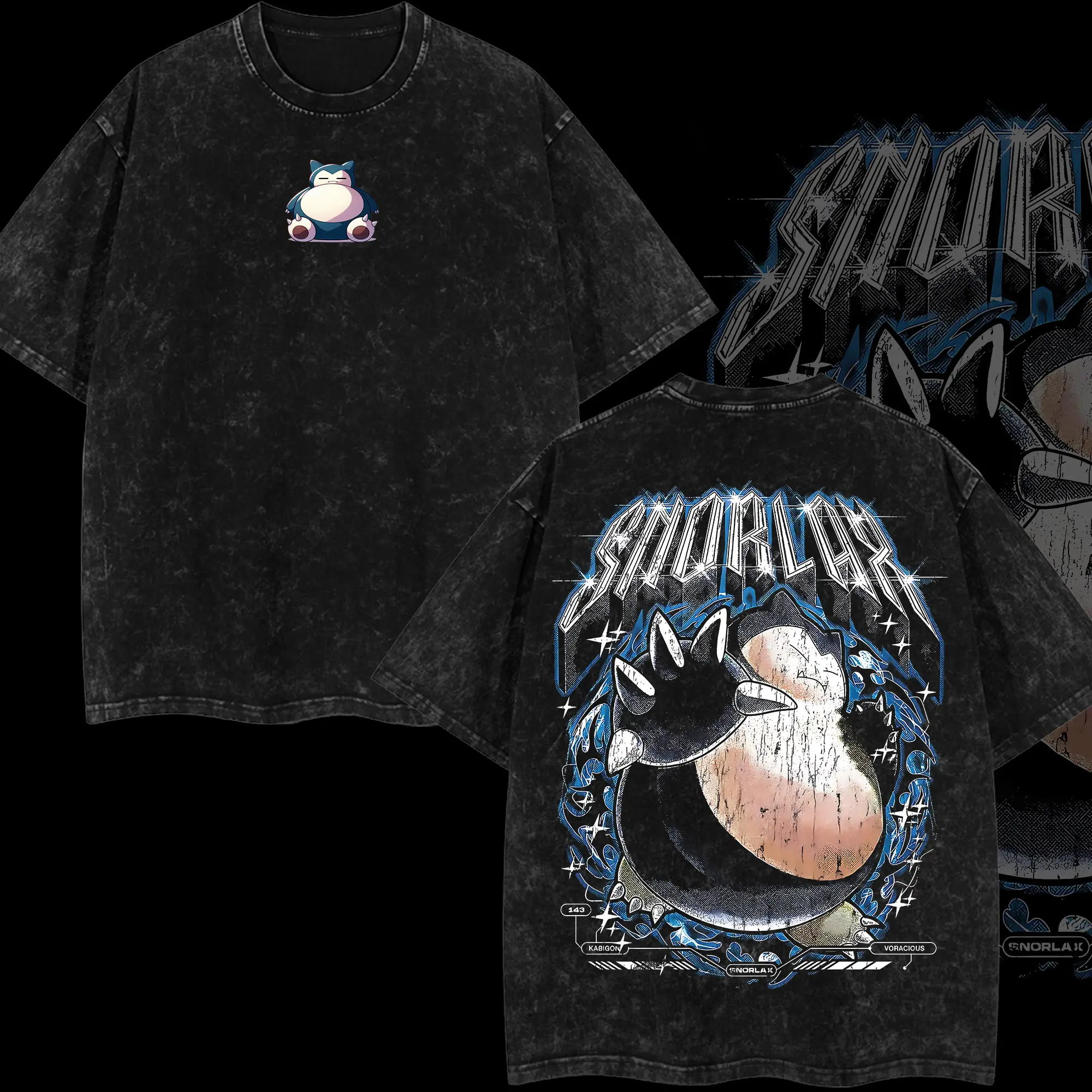 [Eclipse] Snorlax PKM Unisex Oversize Anime Manga Acid Washed Lightweight Cotton T-shirt, Anime Merch, Gift For Anime Fan, Weeaboo