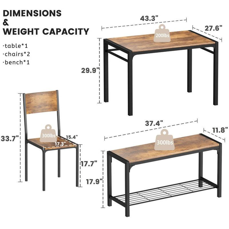 FURMAX Dining Set Table and Chair Set for 4 with Bench Modern Indoor Outdoor Kitchen Living Room Furniture Garden Desk Set Wood Metal Waterproof Desk Chair Set