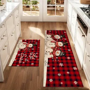 2Pcs Three Snowmen With Black And Red Checkered Background For Christmas Floor Mat Set Farmhouse Kitchen Rug Dining Room Flooring Laundry Room Decor Carpet Mat Kitchen Runner Rug