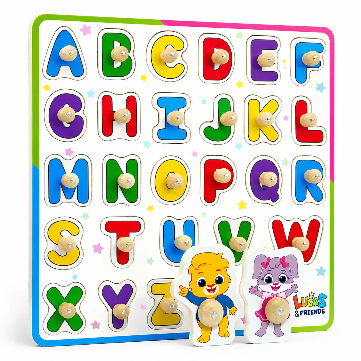 Lucas & Friends ABC Wooden Peg Puzzle - Shape Recognition Toy, ABCDEFGHIJKLMNOPQRSTUVWXYZ Learning Toy, 2 Bonus Character Pieces, Montessori Educational Gift for Toddlers, Toys