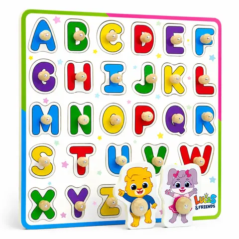 Lucas & Friends ABC Wooden Peg Puzzle - Shape Recognition Toy, ABCDEFGHIJKLMNOPQRSTUVWXYZ Learning Toy, 2 Bonus Character Pieces, Montessori Educational Gift for Toddlers, Toys