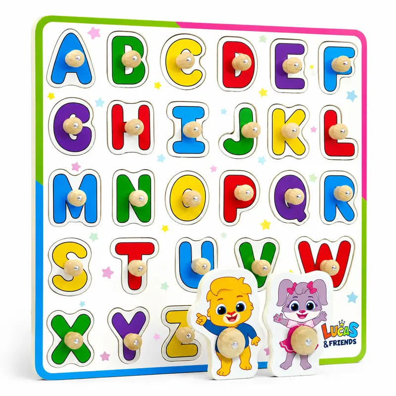 Lucas & Friends ABC Wooden Peg Puzzle - Shape Recognition Toy, ABCDEFGHIJKLMNOPQRSTUVWXYZ Learning Toy, 2 Bonus Character Pieces, Montessori Educational Gift for Toddlers, Toys