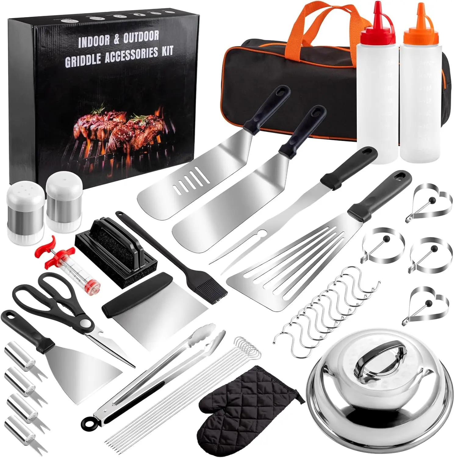 45pcs Blackstone Griddle Accessories Upgraded-Griddle Accessories Flat Top Grill Tools for Camp Chef Griddle Cover Salt and Pepper Shakers Grill Black Tools Set Enlarged Spatula Gift Set