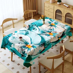 Blue Floral Rectangular Tablecloth, Polyester Material, Multiple Sizes Available, Easy to Clean, Ideal for Daily Use, Holidays, Anniversaries