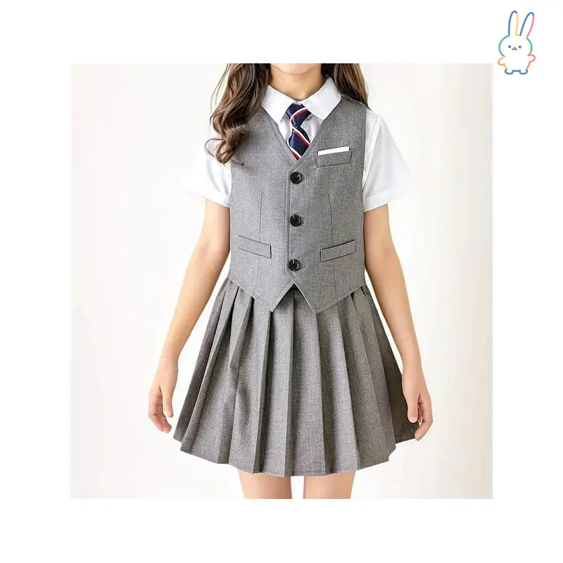 NewERT-British Style Youngsters's  Uniform Set for Kindergarten Summer Wear, Elementary  Girls' JK Skirt Suit 7-16 Years Old with Vest + Half-Skirt + Tie Three-Piece Graduation Outfit school