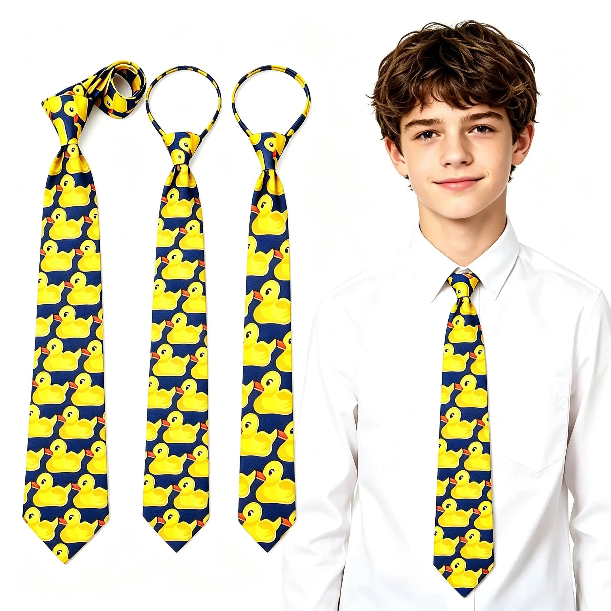 Duck Print Neckties for Men, 4-Pack Funky Polyester Set for Wedding Guest Outfits & Casual Wear, Includes Zipper & Self-Tie Styles, Cartoon, Rubber Duck, Animals, Figure, Dads